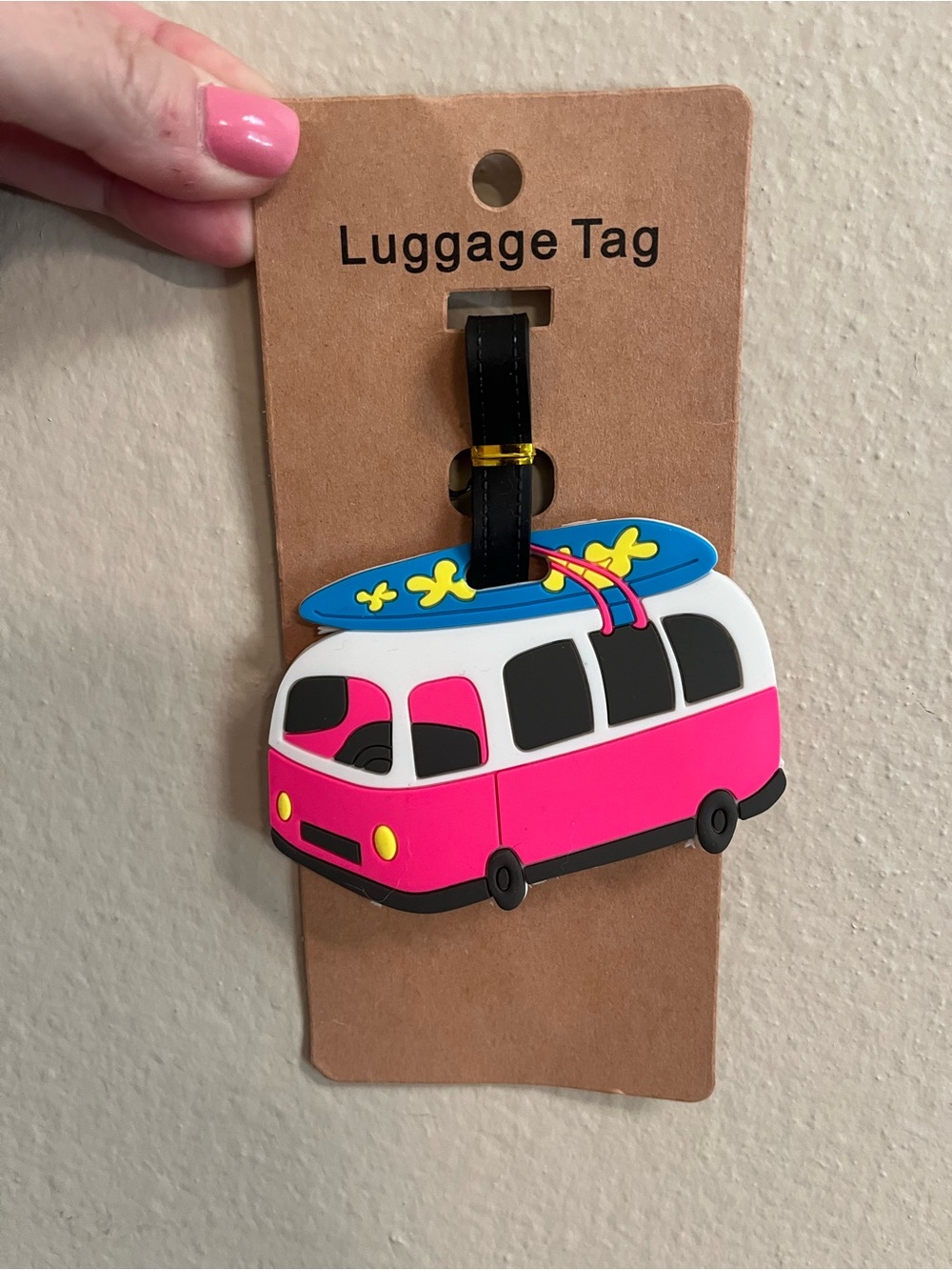 Travel Pink Campervan Luggage Tag with Surfboard -